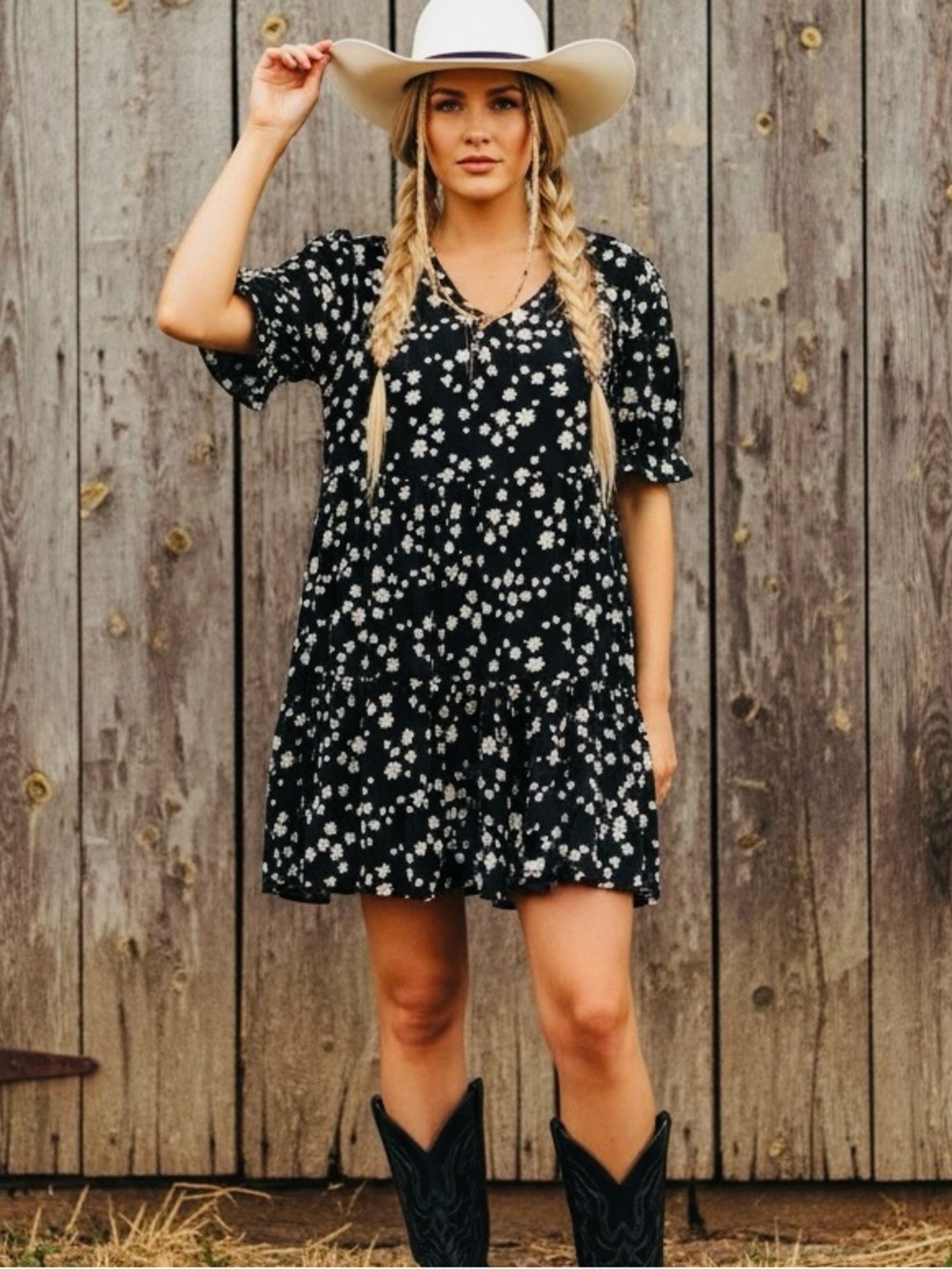 Daisy Flower Dress Black & White Flowing Sundress & Pockets by Code Mode Large